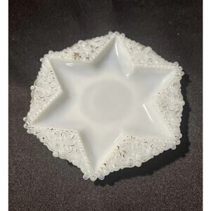 Vintage White Glass Star Shaped Trinket Dish With Floral Edging